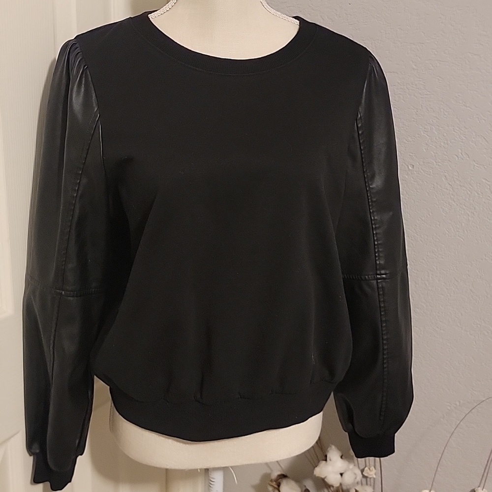 Black Faux Leather Sleeve Sweatshirt